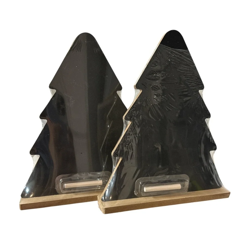 Set of 2 Christmas Tree Chalkboard Signs Tabletop Holiday Decor Wood Base New